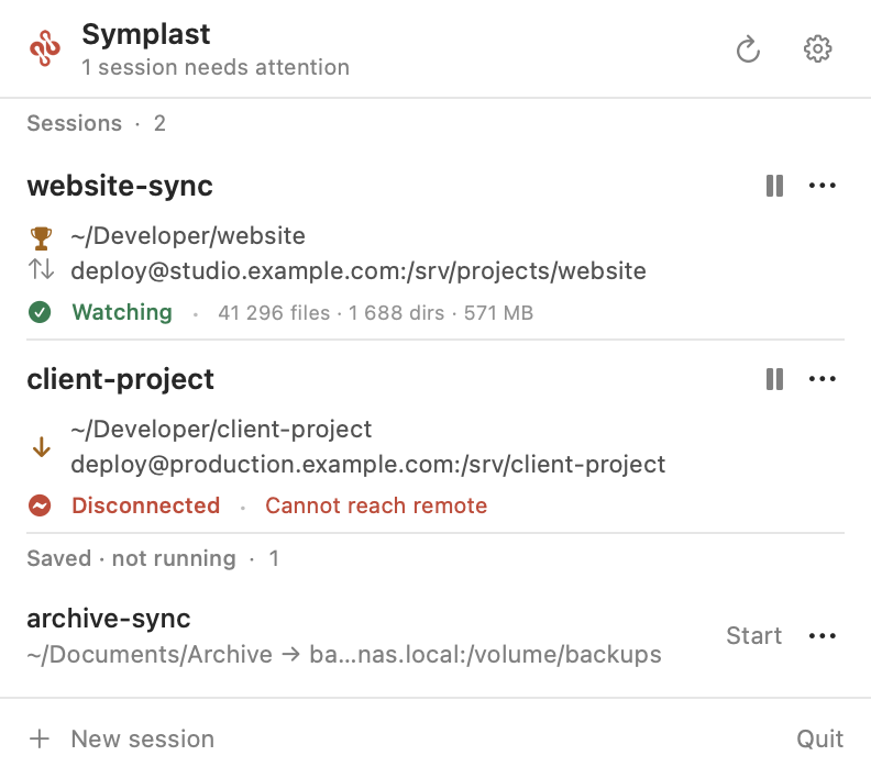 The Symplast menu-bar panel showing a connected folder, a remote needing attention, and a saved session.